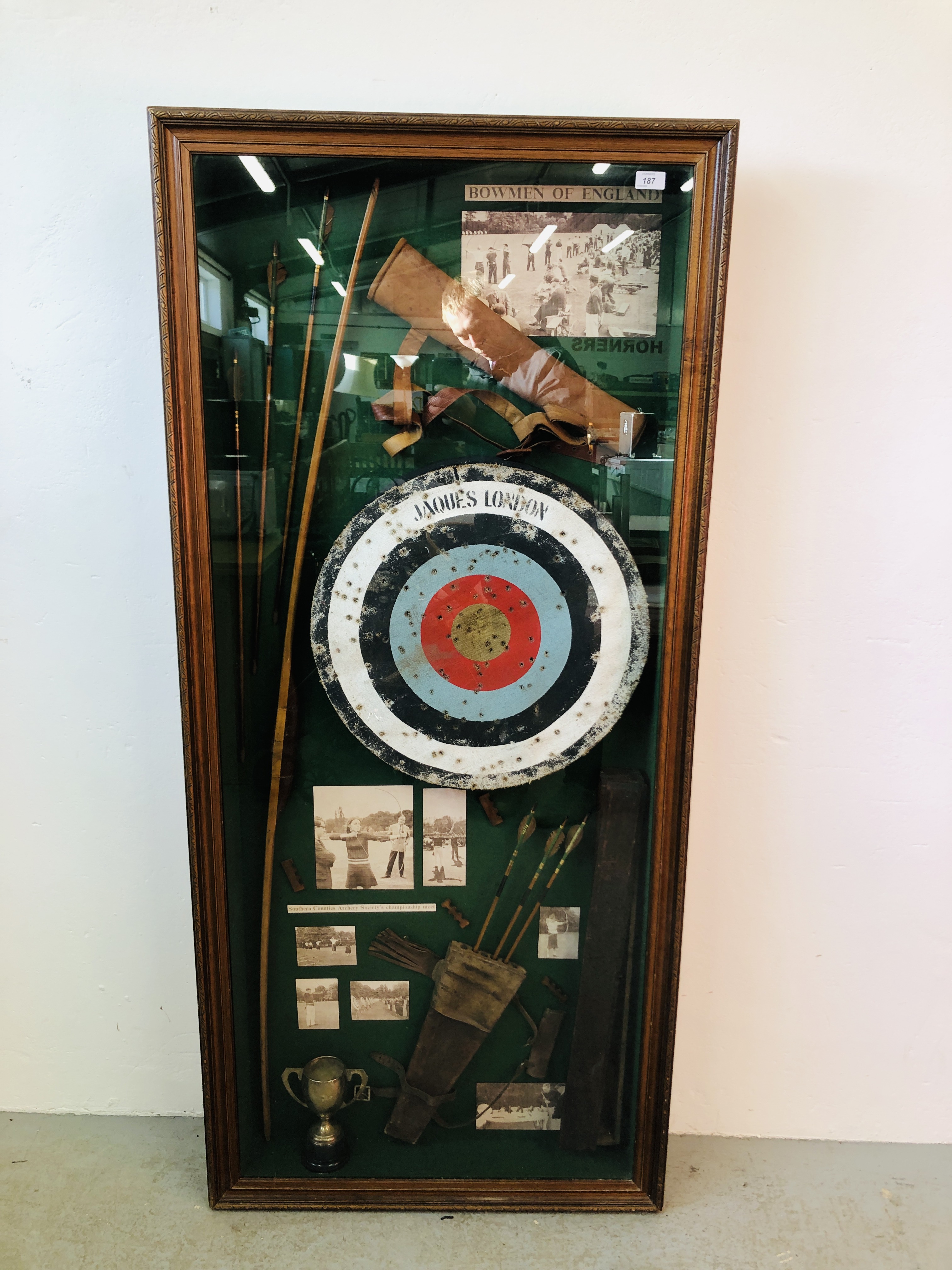 LARGE VINTAGE GLAZED ARCHERY DISPLAY CASE - W 76CM X H 169CM X D 13CM.