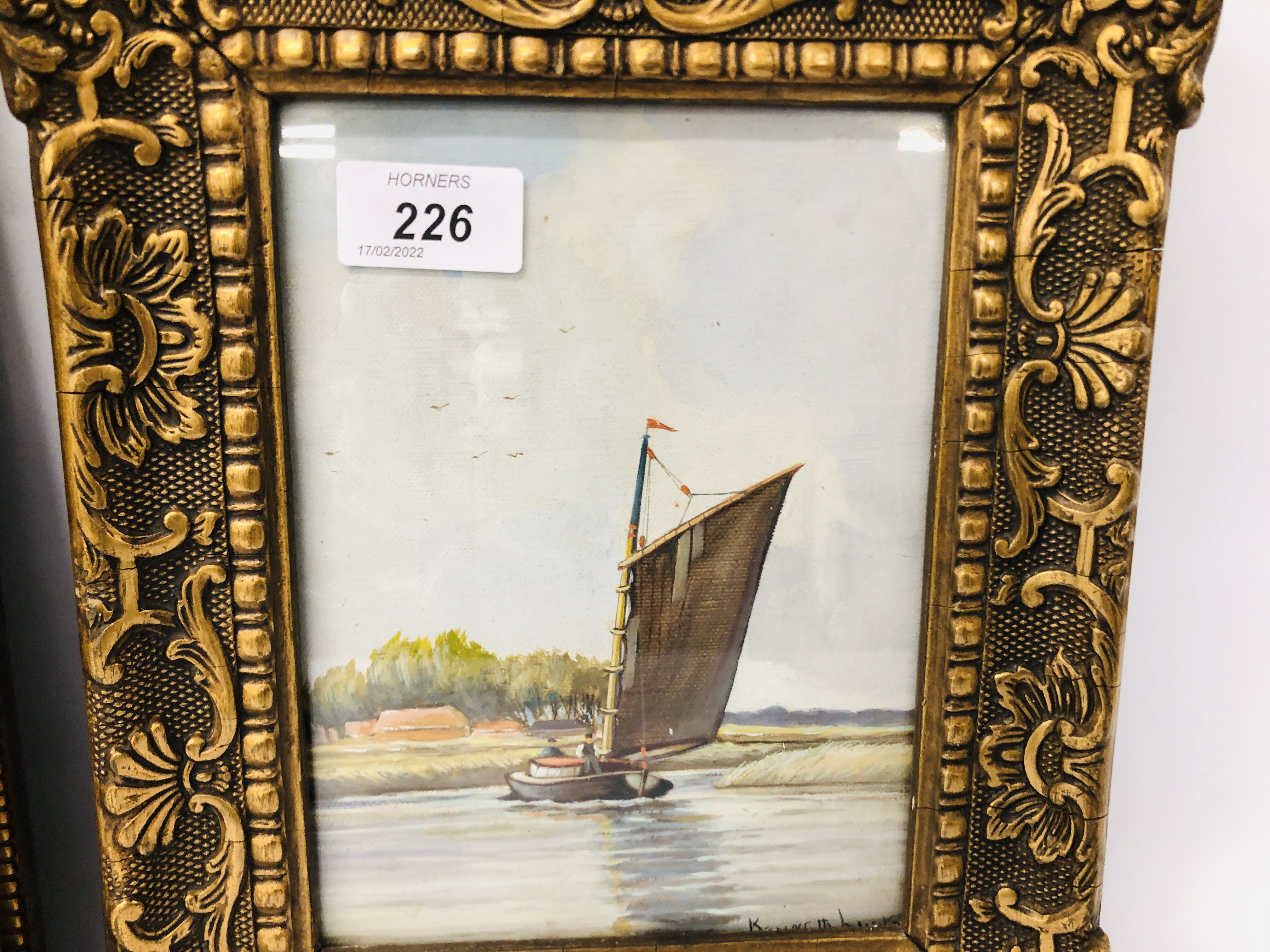 PAIR OF GILT FRAMED OIL ON BOARDS NORFOLK WHERRIES BEARING SIGNATURE KENNETH LUCK - H 19CM X W 14CM. - Image 5 of 6