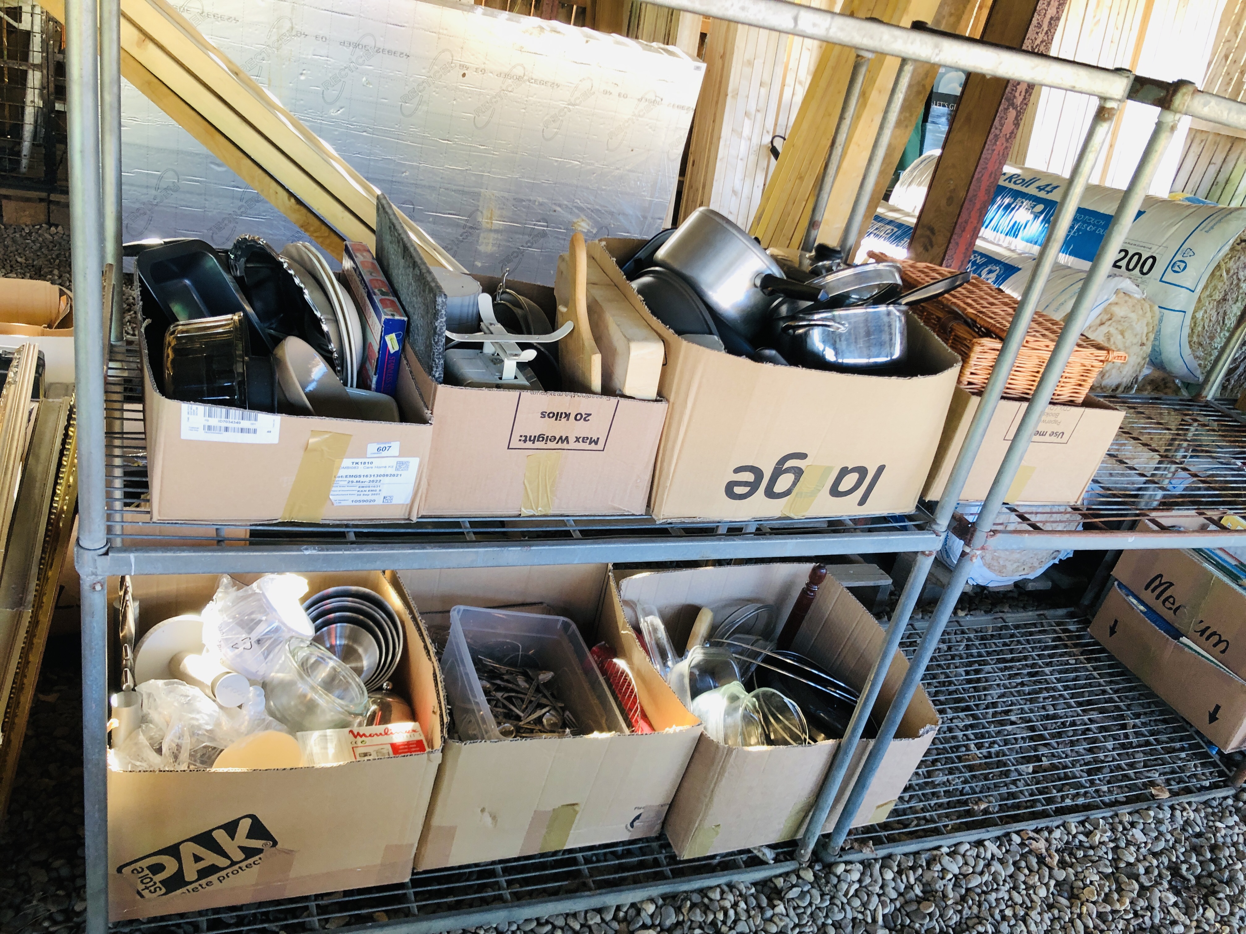 SEVEN BOXES OF ASSORTED KITCHENWARE TO INCLUDE CUTLERY, KNIVES, PANS, SCALES, PYREX,