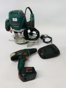 A BOSCH PLUNGE ROUTER MODEL POF 1100 AE AND A BOSCH 18 VOLT CORDLESS DRILL AND CHARGER MODEL PSR18