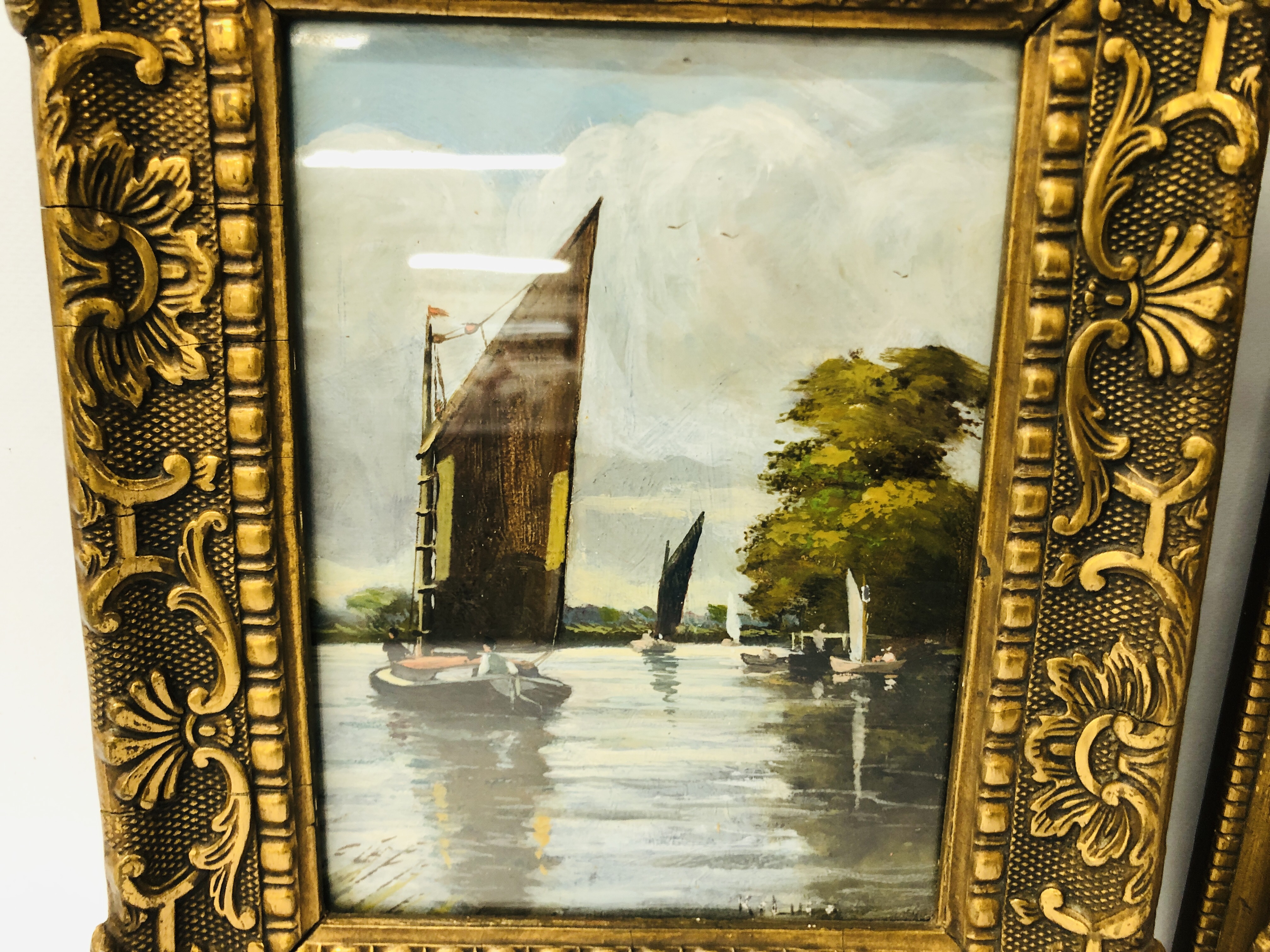 PAIR OF GILT FRAMED OIL ON BOARDS NORFOLK WHERRIES BEARING SIGNATURE KENNETH LUCK - H 19CM X W 14CM. - Image 2 of 6