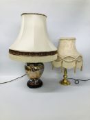 LARGE ORIENTAL TABLE LAMP WITH FRINGED SHADE ALONG WITH A BRASS TABLE LAMP AND DECORATIVE FRINGED