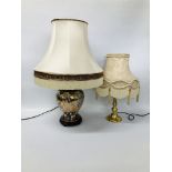 LARGE ORIENTAL TABLE LAMP WITH FRINGED SHADE ALONG WITH A BRASS TABLE LAMP AND DECORATIVE FRINGED