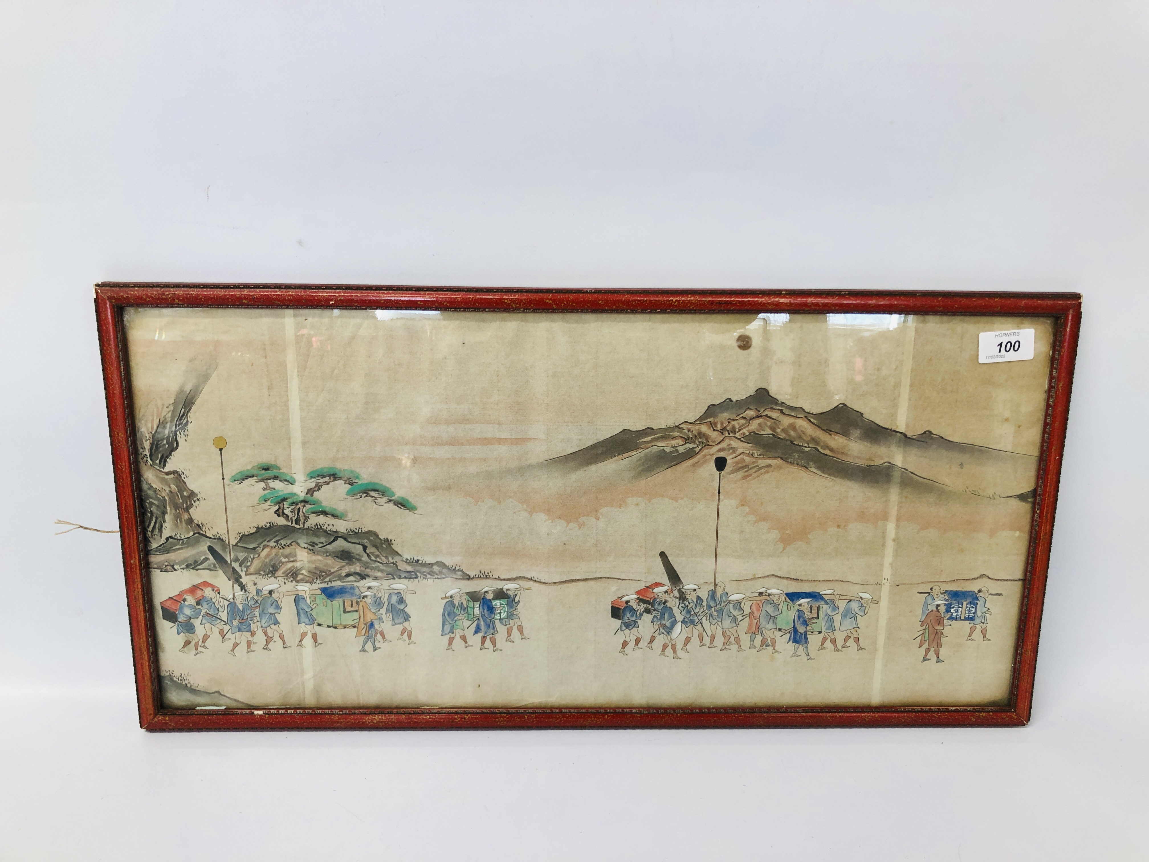 AN EARLY C20TH JAPANESE DRAWING OF FIGURES ON EXPEDITION IN MOUNTAINOUS LANDSCAPE 29CM X 63CM - THE