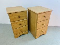 A PAIR OF MODERN PINE EFFECT THREE DRAWER CHESTS EACH W 43CM. D 45CM. H 75CM.