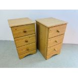 A PAIR OF MODERN PINE EFFECT THREE DRAWER CHESTS EACH W 43CM. D 45CM. H 75CM.