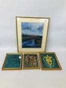 A FRAMED MIXED MEDIA STUDY OF RIVER BETWEEN FIELDS ALONG WITH 3 FRAMED MIXED MEDIA STUDIES