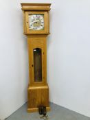 A REPRODUCTION LIGHT OAK FINISH LONG CASE CLOCK,