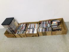 FIVE BOXES CONTAINING AN EXTENSIVE COLLECTION OF DVD'S AND CD'S TO INCLUDE MANY CLASSICS AND EASY