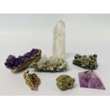 A SMALL COLLECTION OF CRYSTALS TO INCLUDE AMETHYST, QUARTZ ETC.