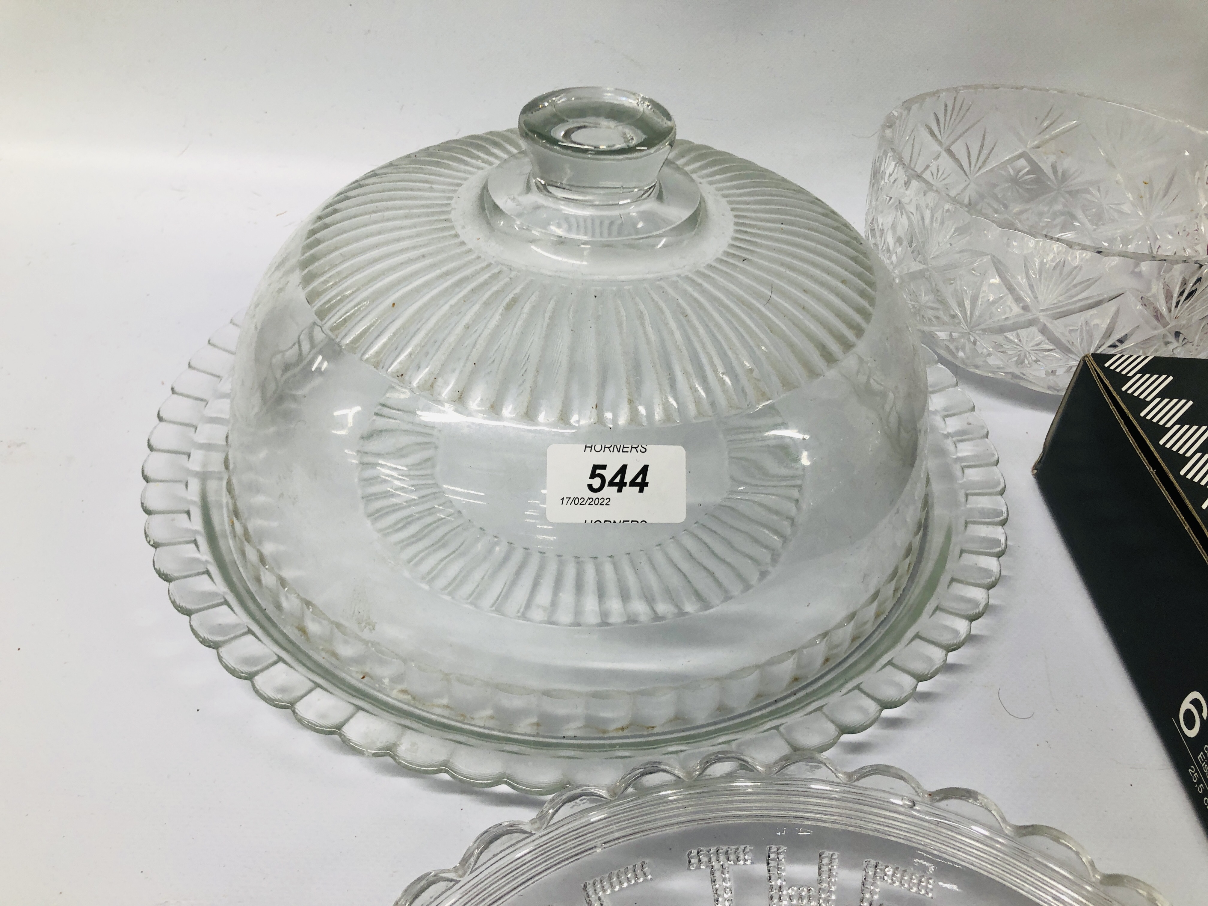 DECORATIVE GLASS CAKE PLATE AND COVER, GLASS CORONATION PLATE, - Image 6 of 7