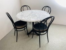 A SOLID WHITE MARBLE TOPPED PEDESTAL DINING TABLE WITH DECORATIVE CAST IRON BASE TOP DIAMETER 100CM