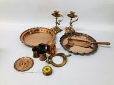 PAIR OF ARTS AND CRAFTS STYLE CANDLESTICKS (A/F LEAF) ALONG WITH OTHER VARIOUS COPPER WARE TO