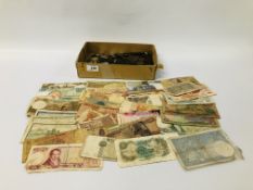 A BOX OF MIXED COINAGE AND BANK NOTES