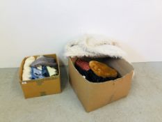 2 X BOXES OF ASSORTED VINTAGE CLOTHING, SCARVES, HARRODS HAT, ORIENTAL STYLE HOUSE COATS,
