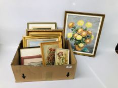 BOX OF ASSORTED PICTURES AND PRINTS TO INCLUDE SALHOUSE BROAD OIL ON BOARD BEARING SIGNATURE K.W.