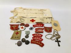 COLLECTION OF VINTAGE ARMY MEDICAL SERVICE ARM BANDS AND RELATED ENAMELED BADGE,