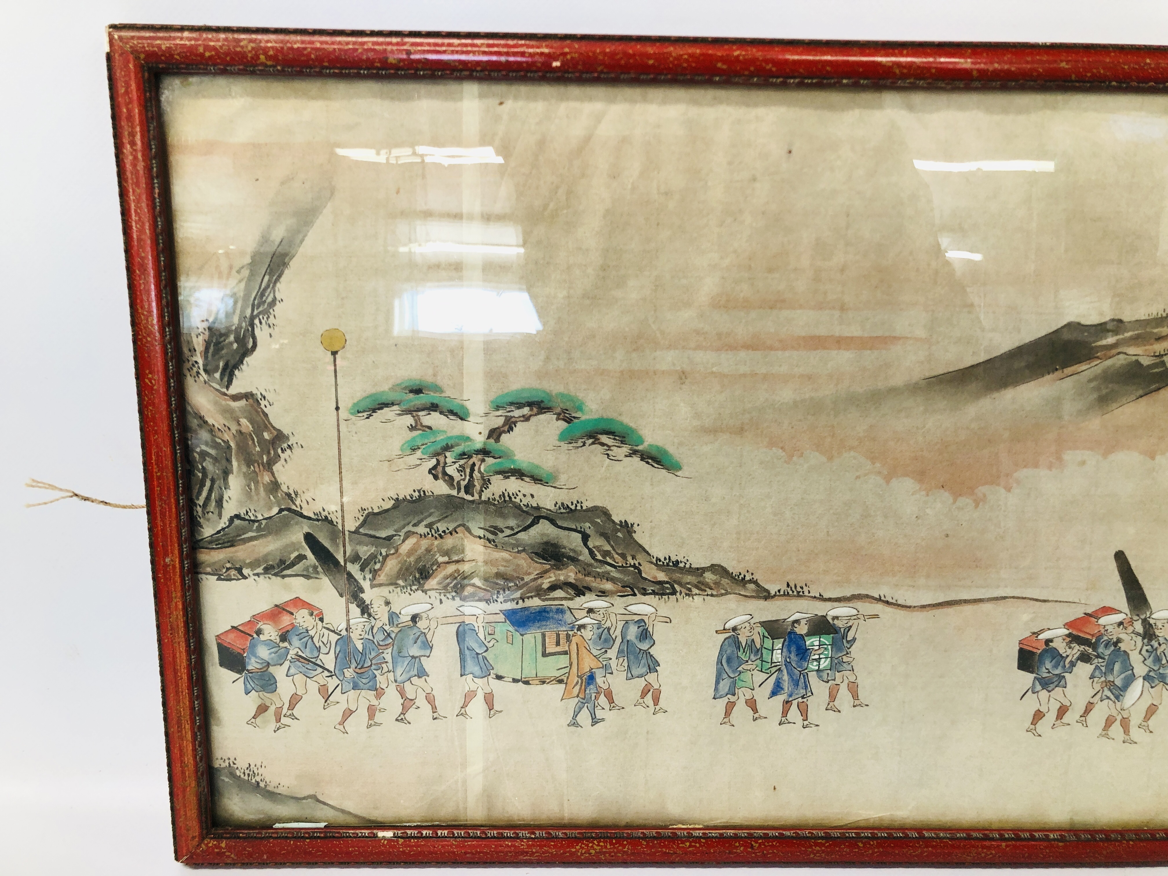 AN EARLY C20TH JAPANESE DRAWING OF FIGURES ON EXPEDITION IN MOUNTAINOUS LANDSCAPE 29CM X 63CM - THE - Image 2 of 6