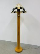 A MODERN DESIGNER LIGHT OAK FOUR COLUMN LAMP STANDARD WITH TIFFANY STYLE LEADED GLASS SHADE - SOLD