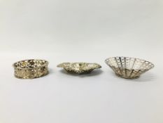 SILVER BONBON DISH, BIRMINGHAM ASSAY L 10CM., SMALL SILVER CIRCULAR DISH, VINE DECORATION D 7.