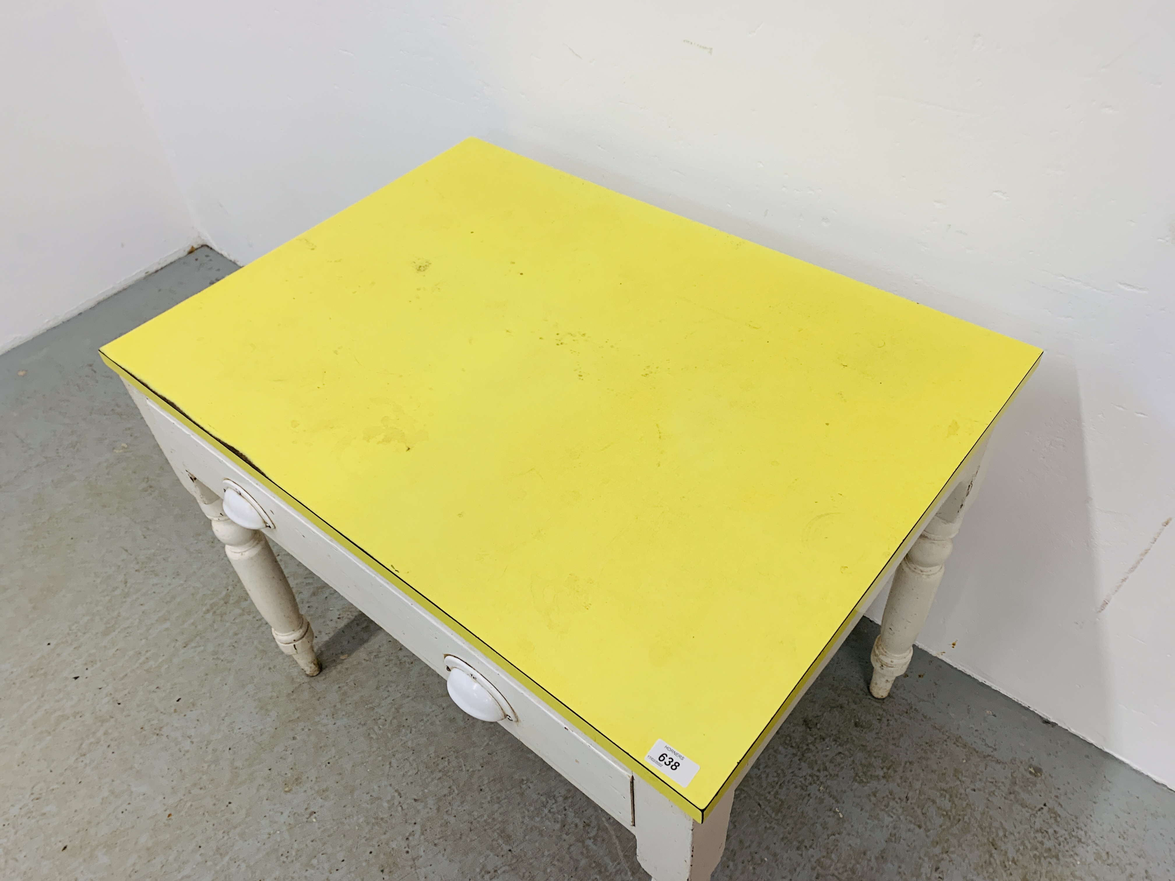 VINTAGE PINE SINGLE DRAWER KITCHEN TABLE WITH YELLOW FORMICA TOP. - Image 3 of 6