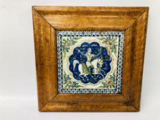 A QAJAR PLAQUE OF A MOUNTED FIGURE 23 X 23CM (BROKEN AND REPAIRED) IN MAPLE FRAME