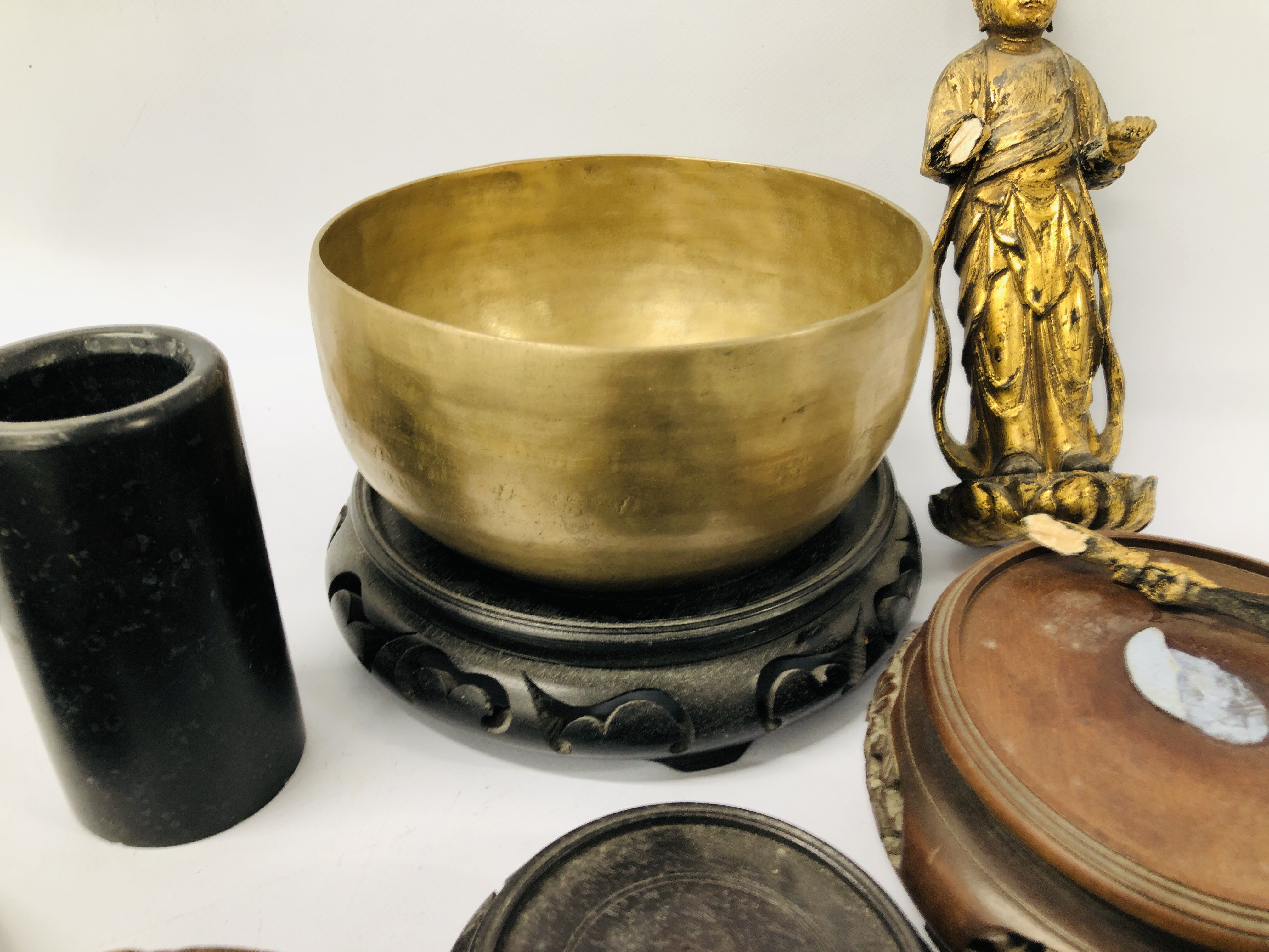 9 X ORIENTAL HARDWOOD STANDS, CHAMBER STICK, INDIAN GILT FINISH CARVING, METAL BOWL ETC. - Image 9 of 13