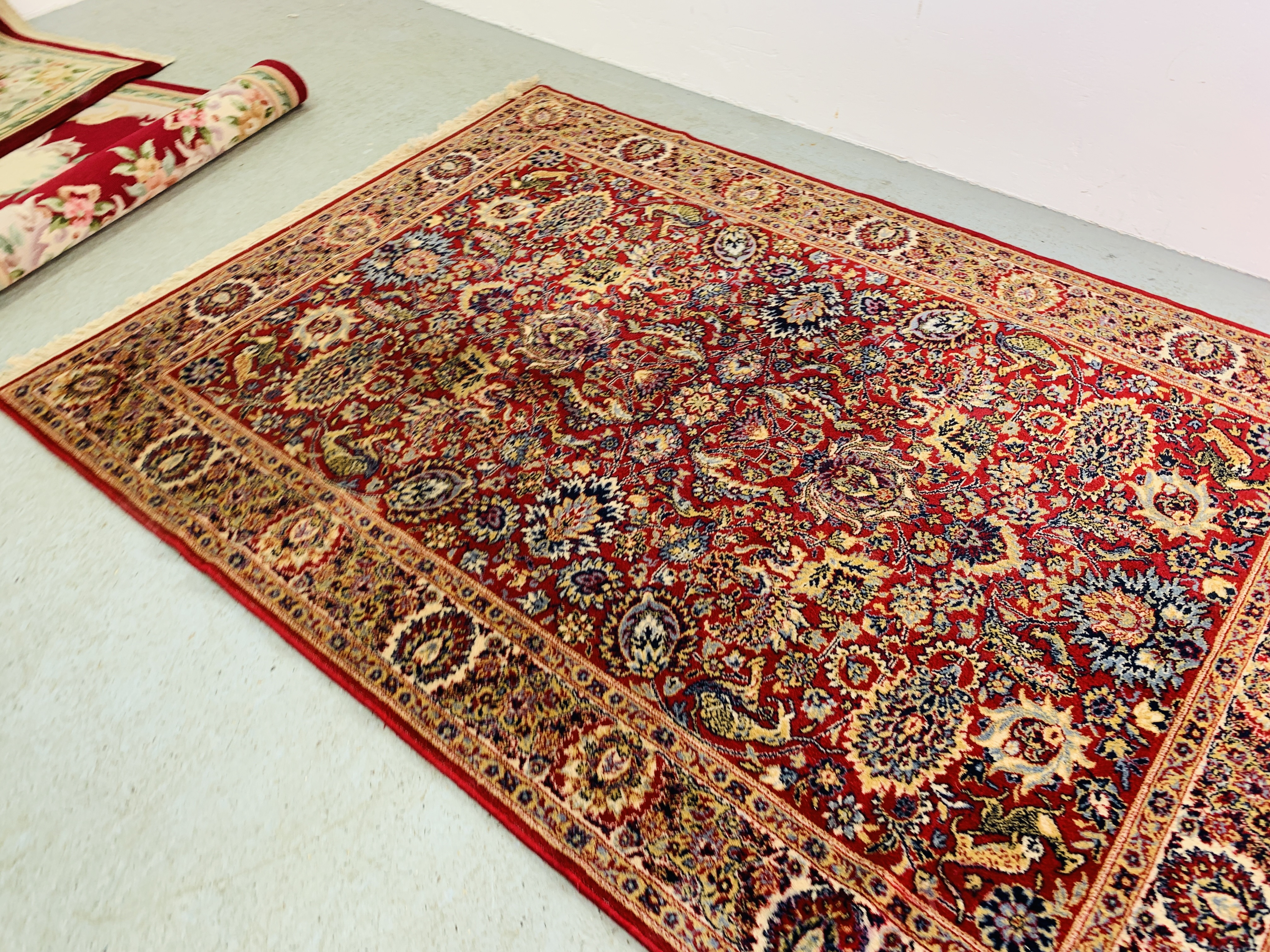 AN ORIENTAL DECORATED RUG 184CM X 92CM AND MODERN MACHINE MADE KEESHAN RED PATTERNED RUG 197 X - Image 3 of 11