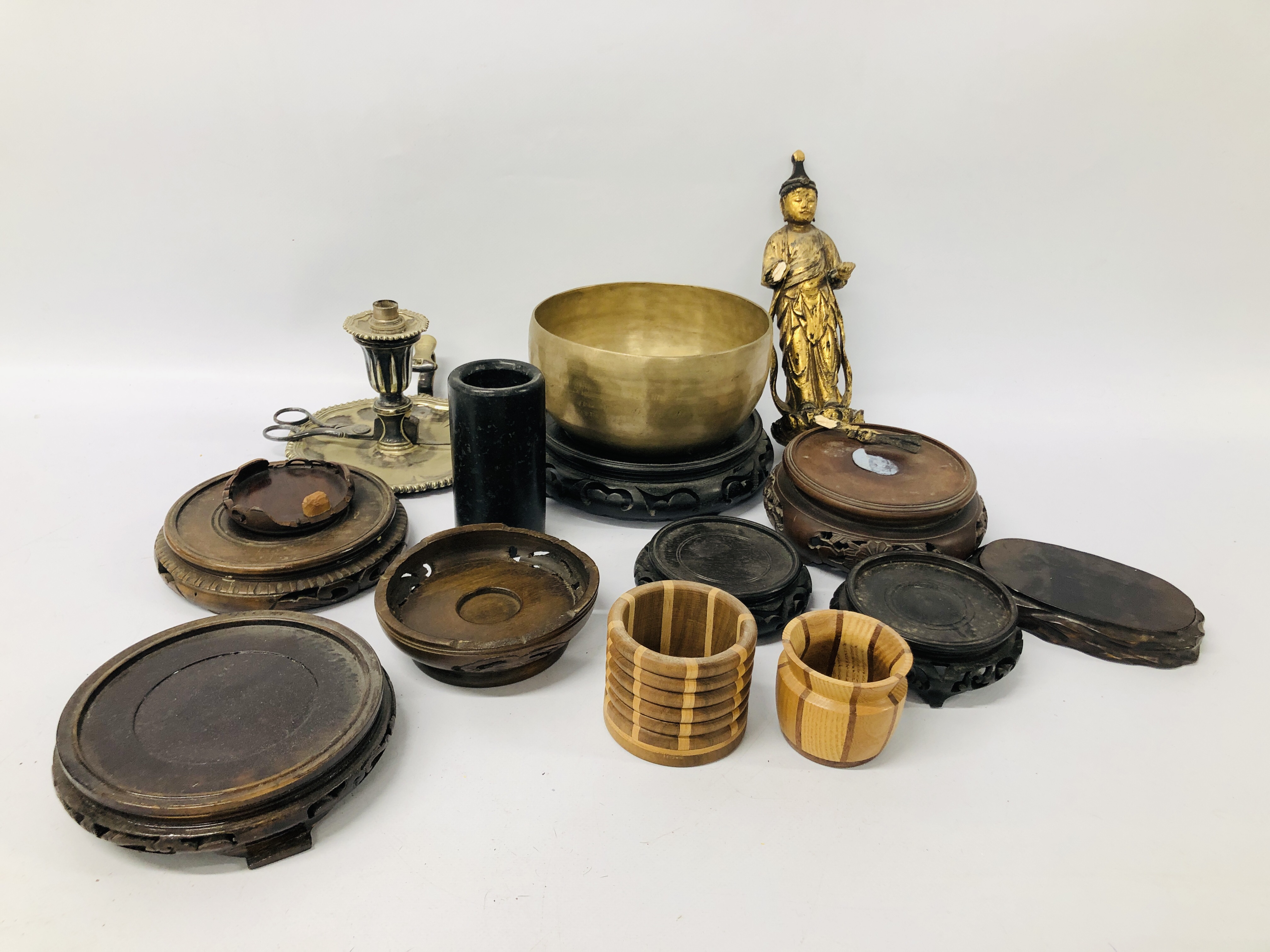 9 X ORIENTAL HARDWOOD STANDS, CHAMBER STICK, INDIAN GILT FINISH CARVING, METAL BOWL ETC.