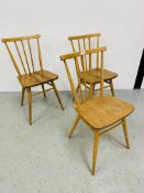 THREE ERCOL BLONDE FINISH STICK BACK DINING CHAIRS