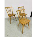 THREE ERCOL BLONDE FINISH STICK BACK DINING CHAIRS