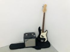 A FENDER SQUIRE 20TH ANNIVERSARY BASS GUITAR COMPLETE WITH CASE AND SQUIRE BP-15 AMP - SOLD AS SEEN