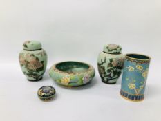 COLLECTION OF CLOISONNE COMPRISING CYLINDRICAL VASE, BOWL,