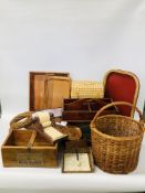 2 X BOXES OF ASSORTED WOODEN + WICKER WARE TO INCLUDE TRAYS, TISSUE HOLDER,