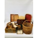 2 X BOXES OF ASSORTED WOODEN + WICKER WARE TO INCLUDE TRAYS, TISSUE HOLDER,