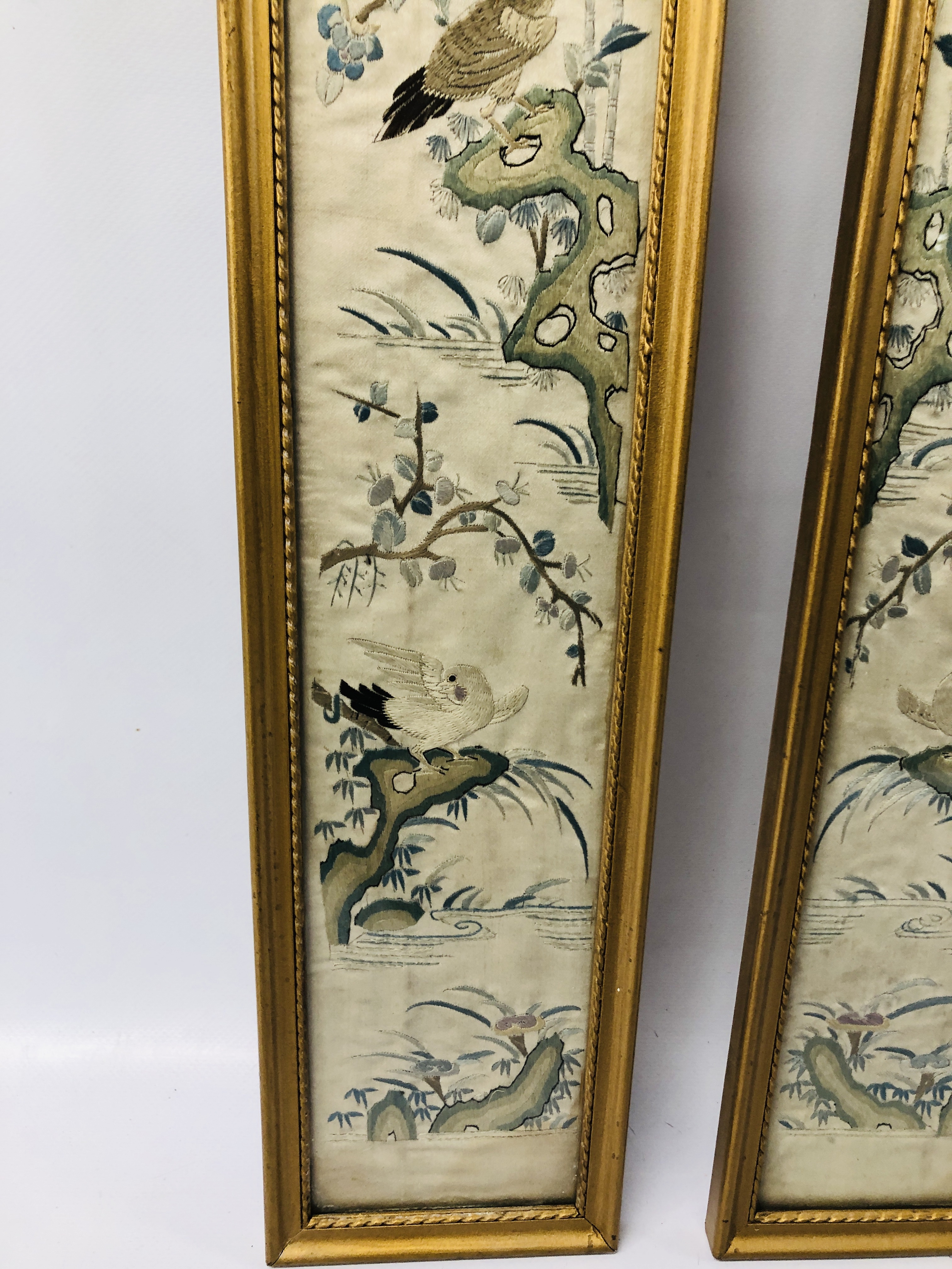 A PAIR OF C19TH CHINESE EMBROIDERIES OF BIRDS, ROCKS AND TREES EACH 54 X 9CM. - Image 3 of 5
