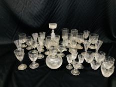 A GROUP OF C19TH AND LATER DRINKING GLASSES TO INCLUDE APPROX TWELVE RUMMERS, WINE, SHERRIES ETC.