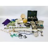 BOX OF ASSORTED COSTUME AND VINTAGE JEWELLERY + A VINTAGE JEWELLERY BOX AND CONTENTS TO INCLUDE