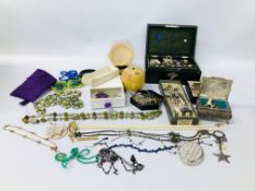 BOX OF ASSORTED COSTUME AND VINTAGE JEWELLERY + A VINTAGE JEWELLERY BOX AND CONTENTS TO INCLUDE