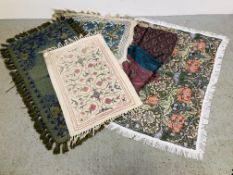 BOX OF ASSORTED VINTAGE WALL HANGINGS, RUGS AND A WILLIAM MORRIS STYLE CLOTH ETC.