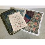 BOX OF ASSORTED VINTAGE WALL HANGINGS, RUGS AND A WILLIAM MORRIS STYLE CLOTH ETC.