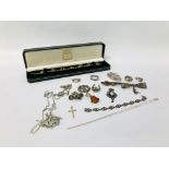 COLLECTION OF ASSORTED VINTAGE AND MODERN SILVER AND WHITE METAL JEWELLERY TO INCLUDE AN AMBER SET