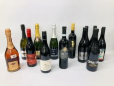 13 X BOTTLES OF ASSORTED RED WINE & PROSECCO TO INCLUDE WILEY ROOSTER, PROSPECTOR,