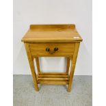 A MODERN SATINWOOD SINGLE DRAWER HALL TABLE W 45CM. D 27CM. H 76CM.