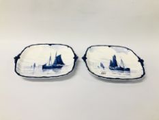 PAIR OF ROYAL CROWN DERBY BLUE AND WHITE PLATES "NORFOLK WHERRIES"