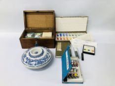 VINTAGE MAHOGANY BOX AND CONTENTS TO INCLUDE MAINLY CHINESE PAINTING COLOURS ETC.