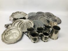 BOX OF ASSORTED VINTAGE PEWTER PLATES AND TANKARDS ETC.