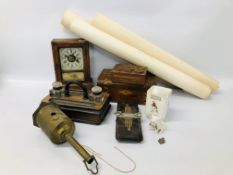 VINTAGE COLLECTABLES TO INCLUDE DESK STAND, STRIKING MANTEL CLOCK, INLAID MAHOGANY SEWING BOX,