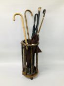 UMBRELLA STAND & CONTENTS TO INCLUDE 2 WALKING STICKS, 2 VINTAGE UMBRELLAS,