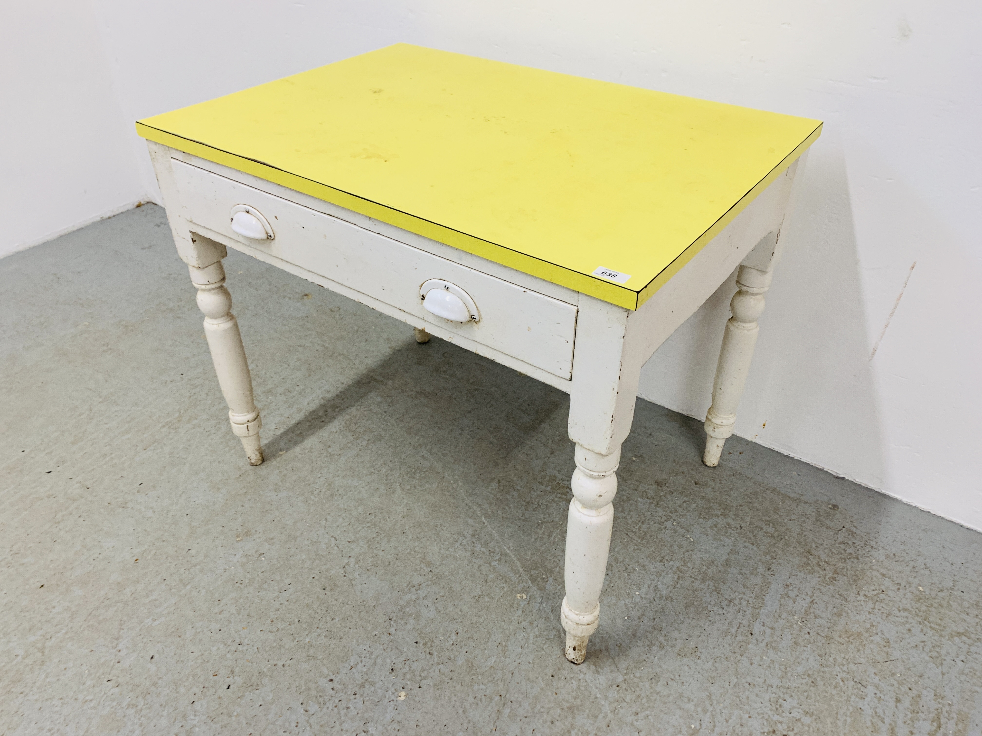 VINTAGE PINE SINGLE DRAWER KITCHEN TABLE WITH YELLOW FORMICA TOP. - Image 2 of 6